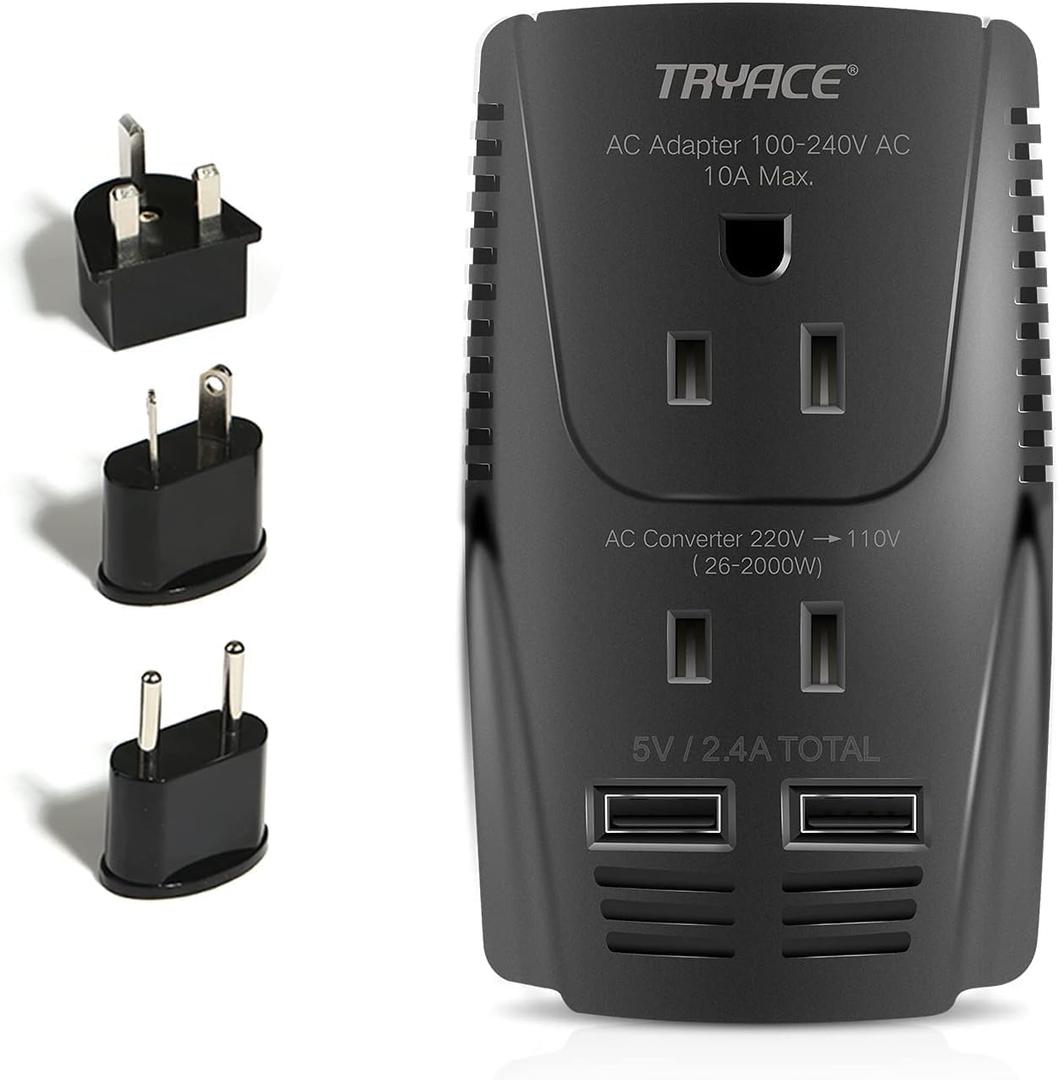 220V to 110V Converter, 2000W Travel Voltage Converter for Hair Dryer Straightener Curling Iron,10A Power Adapter is Easy to Carry for National Travel,with 2USB and UK/EU/AU Plugs (Black A17)