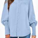 PRETTYGARDEN Womens Spring Long Sleeve Tops Dressy Casual Button Down Smocked Cuffed Office Business Work Blouses Shirts (Blue, M)