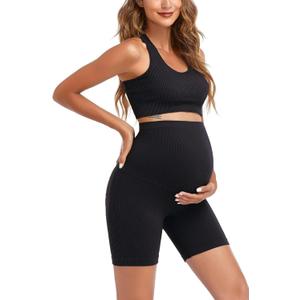 Women's Maternity 2 Piece Outfit Set - Bra & Shorts for Pregnancy - Yoga workout Lounge Wear Sets (Black1), S