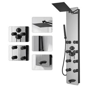 Greenspring Shower Panel Adjustable Rainfall Head, Shower Head Sprayers | Black, Stainless Steel and Glass, Multifunction Shower Panels Tower System, Handheld Shower 2-Setting Body Jets, Tub Spout