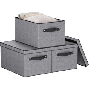 Storage Boxes, 15 x 9.8 x 8.3 Inch Baskets for Organizing with Lids, Fabric Bins with Handles, Decorative Linen Closet Organizers, Gray, 3 Pack (Medium3 Pack)