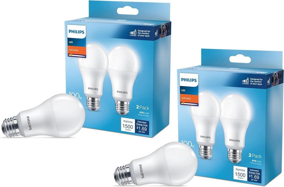 PHILIPS LED 60W A19 4-Pack Basic Soft White (2700K) 800 Lumen (10W = 60W) Frosted Flicker-Free Light Bulbs