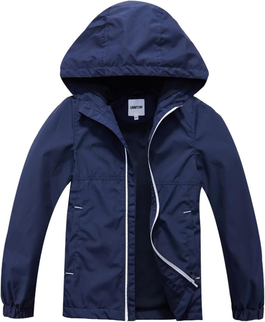 Boys Rain Jackets Lightweight Waterproof Hooded fleece Raincoats Windbreakers for Kids (9-10 Years, Solid Navy)