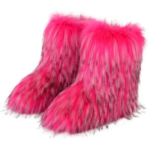 Valpeak Snow Boots for Women 2024 Furry Boots Winter Knee High Flat Heel Fluffy Faux Fur Boots