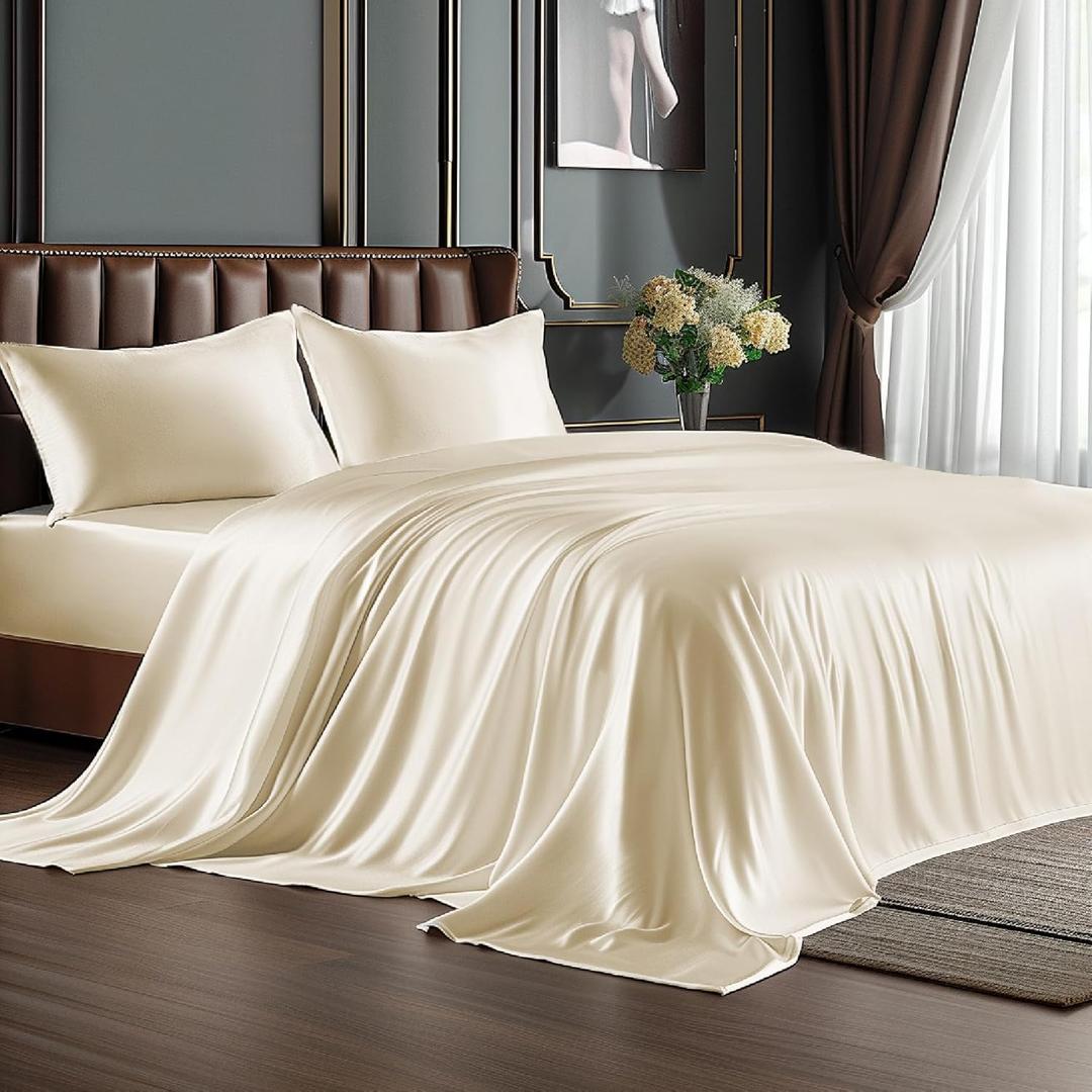 BEDELITE Satin Sheets Queen Size Bed Set, Luxury Soft Beige Silky Sheets for Hair and Skin, Similar to Silk Bed Sheets Set 4 Pieces 1 Deep Pocket Fitted Sheet, 1 Flat Sheet, and 2 Pillowcases