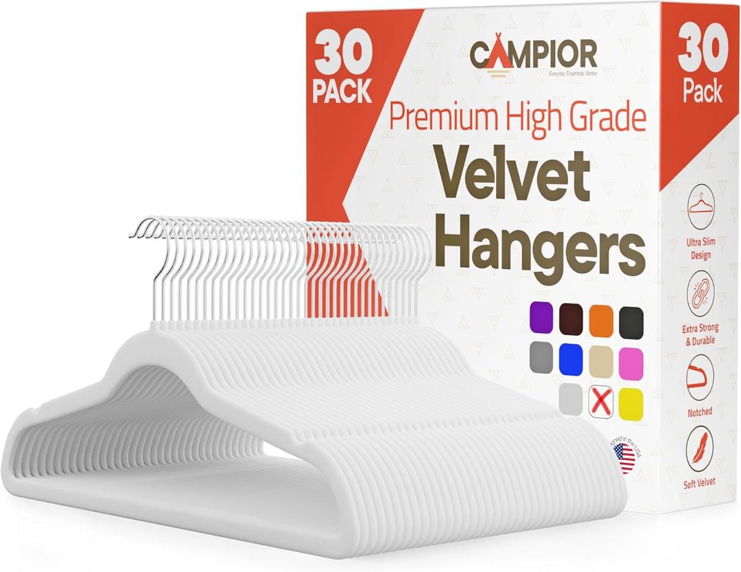 White Velvet Hangers 30 Pack  360 Swivel Hook, Non-Slip and Space Saving Hangers, Heavy-Duty 11 lbs Weight Capacity - Smooth Velvet Finish for Crease-Free Clothes and Effortless Closet Organization