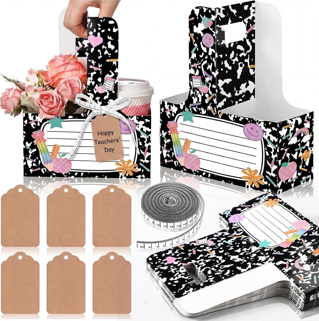AmazingSpark 36 Set Teacher Appreciation Gifts -2 Cup Composition Book Cup Drink Carrier Holder with Card Ribbon, Disposable Cups Holders with Handle for Teacher Day Graduation Retirement Party Favors
