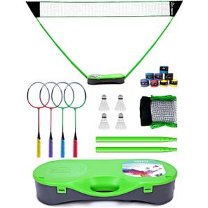 Peak Fits Portable Badminton Net Set, Folding Volleyball Badminton Net, 4 Professional Graphite Badminton Racket, 8 Racket Grip Tape, 4 Shuttlecocks, Family Game, Backyard Sports