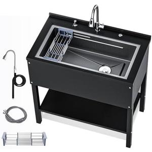 36" Freestanding Utility Sink, Heavy Duty Stainless Steel Laundry Room Sink for Garage, Outdoor Kitchen or Workshop, Modern Black Basin with Hot & Cold Water, Indoor/Outdoor Use (Black)