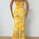 LIGHT DOT Women's Summer Printed Maxi Dress Spaghetti Strap Bodycon Ruched Cocktail Dress Mesh Layered (Yellow, S)
