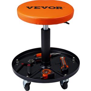 VEVOR Mechanic Stool, 250 LBS Rolling Pneumatic Creeper Garage/Shop Seat, Adjustable Height 16-22 inch in Padded Rolling Workshop Stool with Tool Tray, for Garage, Shop, Auto Repair, Black+Orange