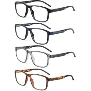 JM Reading Glasses Men with Blue Light Protection, Rectangular Classic Computer Readers Eyeglasses with Spring Hinge 4 Packs