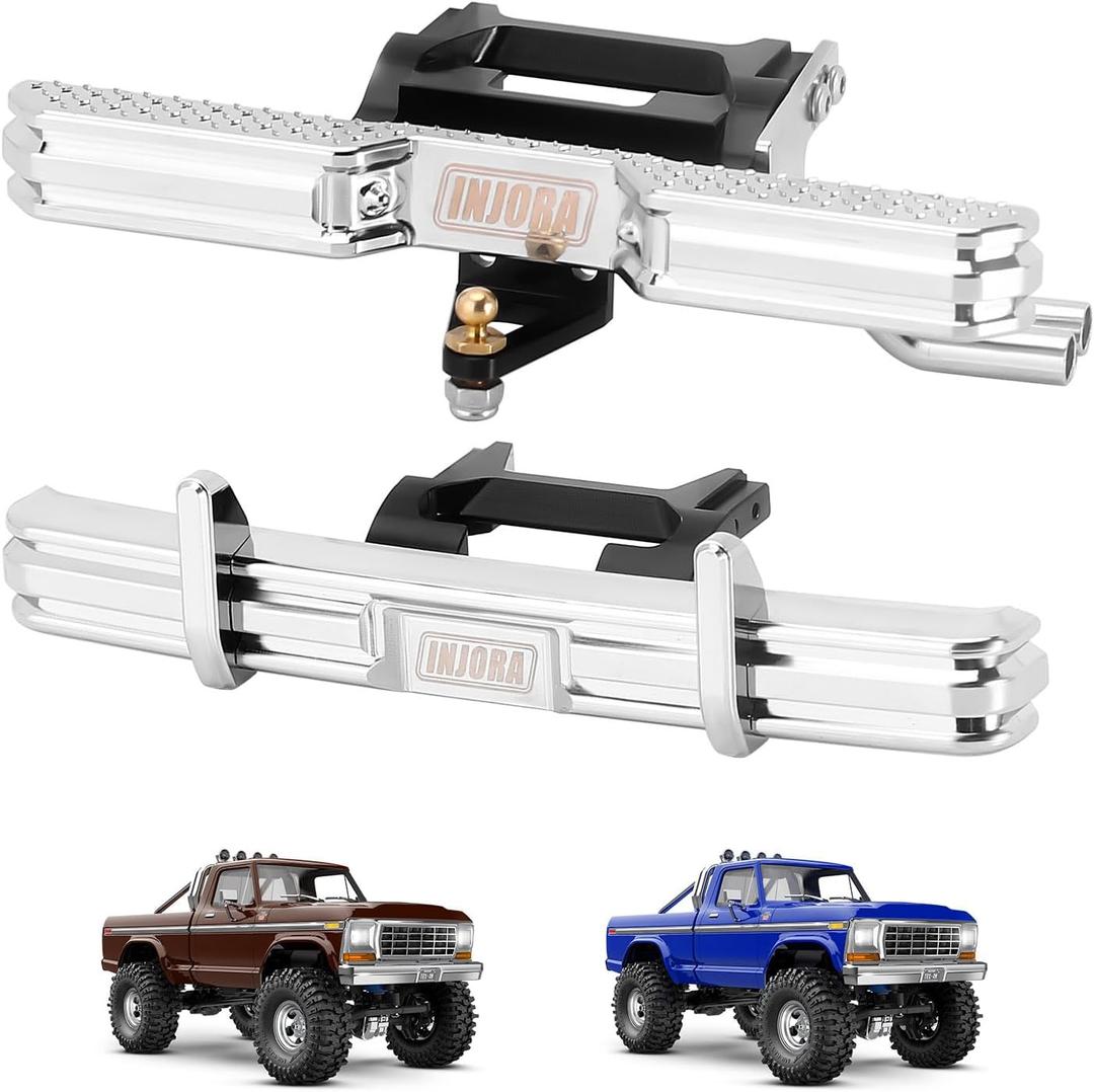 INJORA 33g Front and 33g Rear Bumper with Dual Exhaust - CNC Aluminum Bumper Set for 1/18 RC Crawler TRX4M High Trail F150 Upgrade