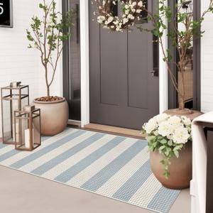 Boho Striped Outdoor Mats for Front Door 2'x4.3',Blue and Cream Washable Rug Runner,Cotton Hand Woven Indoor Outdoor Rugs,Foldable Farmhouse Layered Door Mats for Entryway