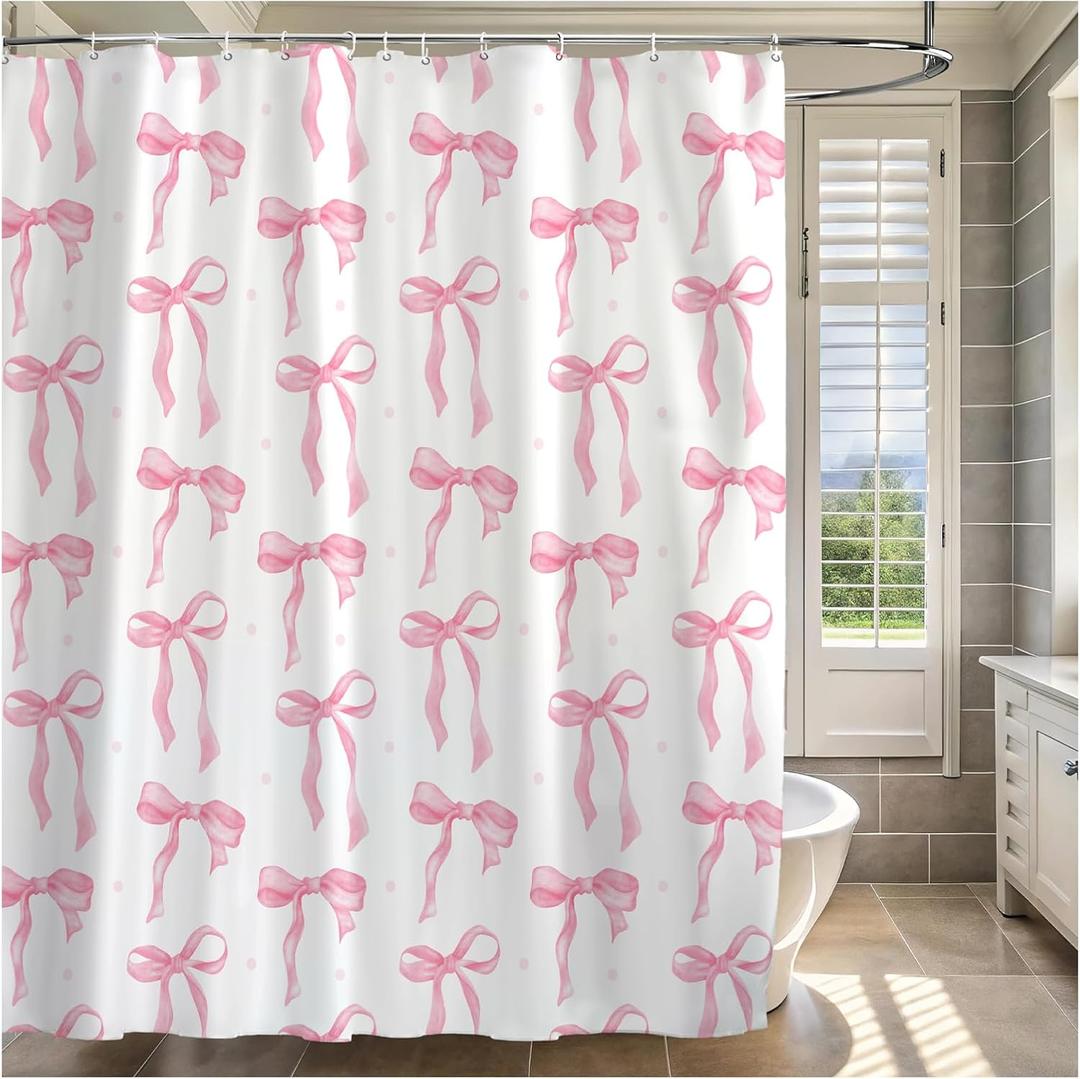 Cute Shower Curtain, Bow Pattern Waterproof Fabric Shower Curtain for Bathroom Decor, Aesthetic Modern Shower Curtains Sets with Hooks for Women Girls 72x72 Inches (Pink)