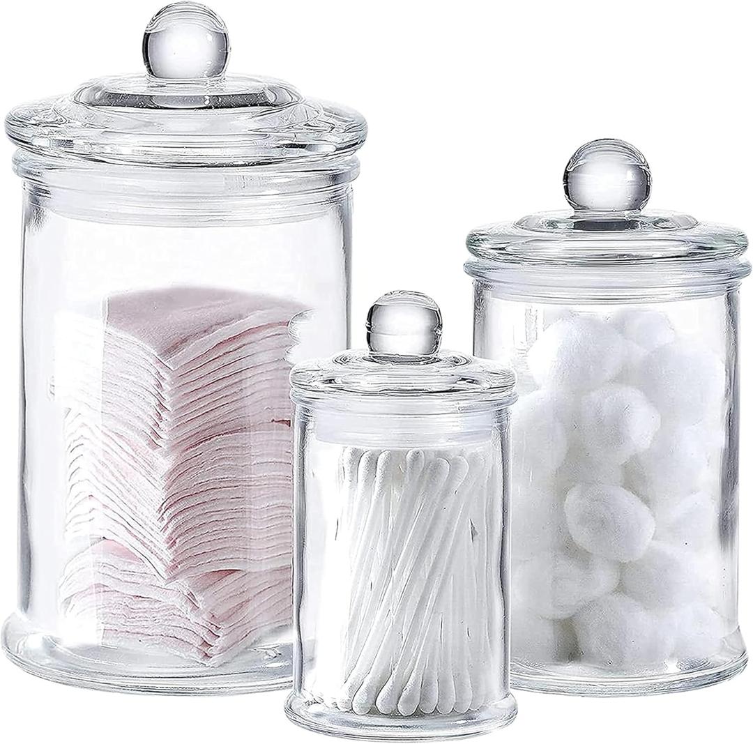Whole Housewares - Set of 3 Bathroom Canisters - Storage Container Jars - Premium Glass Apothecary Jars with Lids - Small Glass Jar for Kitchen or Bathroom Storage - Decorative Crystal Containers