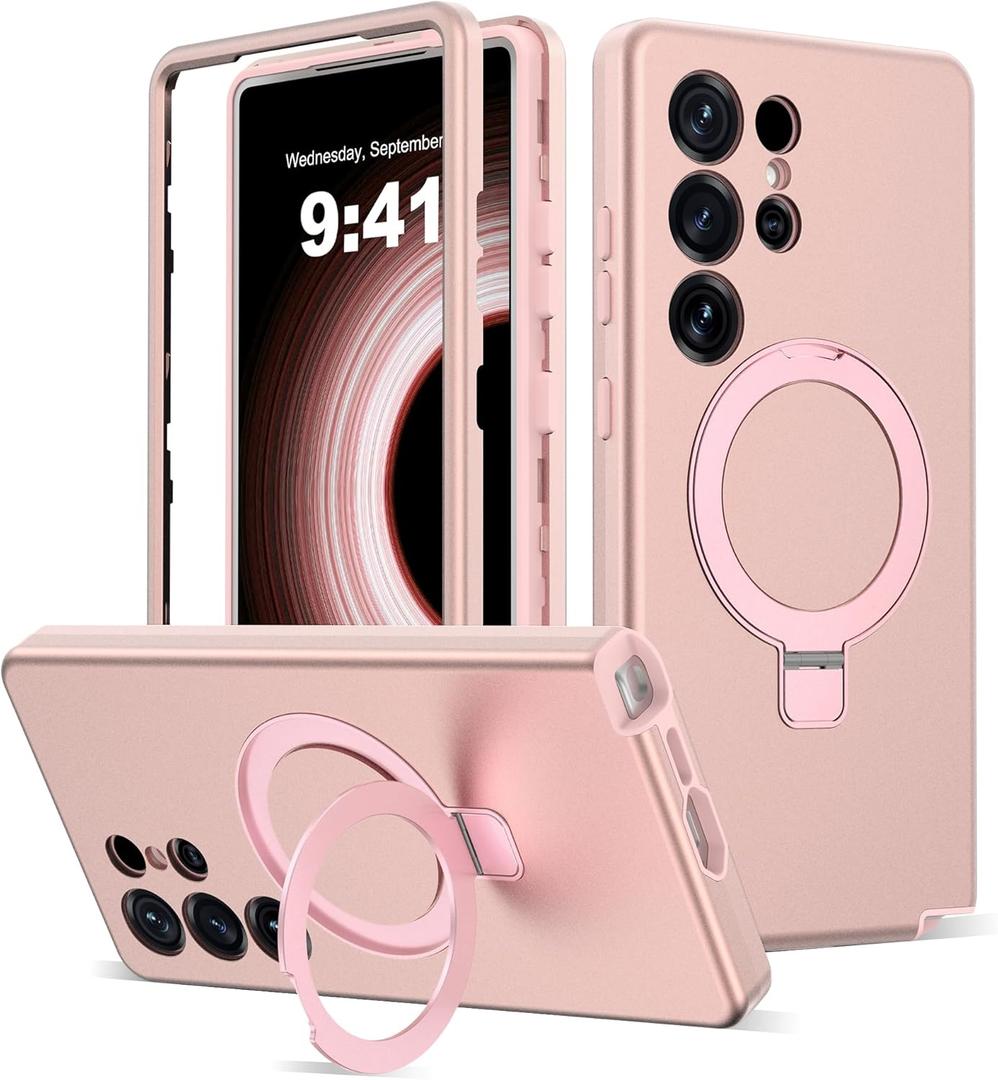 Designed for Samsung Galaxy S25 Ultra Case with Magnetic Ring Stand [Compatible with Mag-Safe][Military Grade Drop Protection][Build in Kickstand] S25 Ultra Phone Case 6.9",Rose Gold