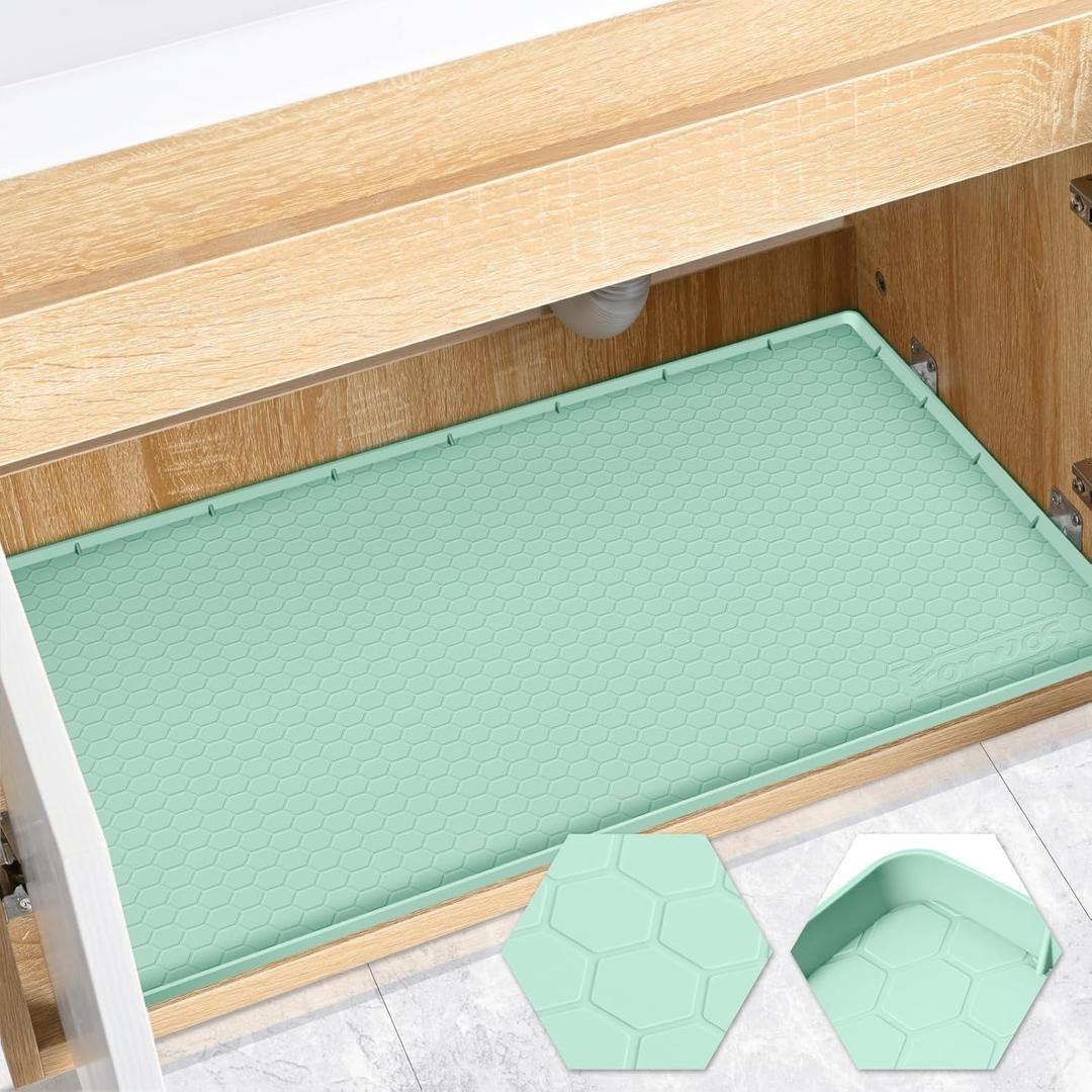 FORWOS Waterproof Under Sink Mat 22" x 19", Silicone Cabinet Liner, Rubber Protector for Kitchen and Bathroom, Keeps Cabinets Clean, Dry, and Organized (Mint Green)