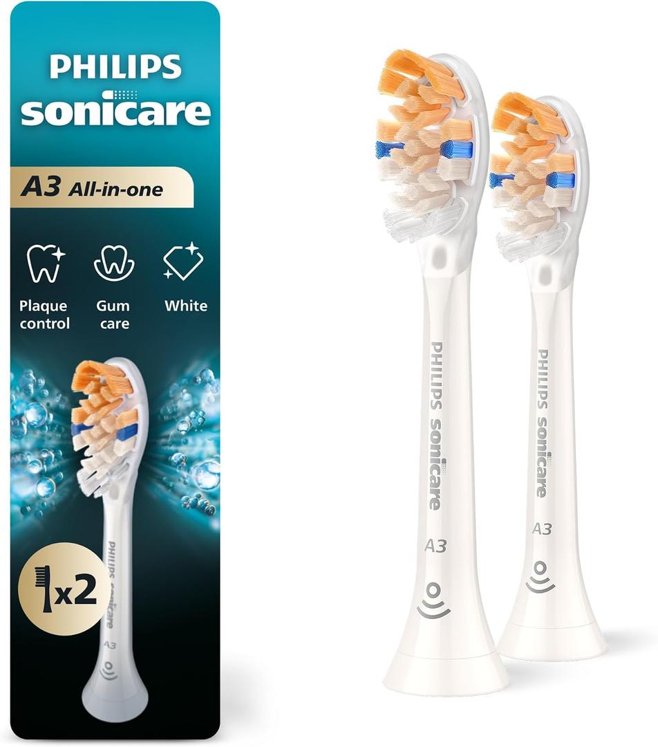 Philips Sonicare A3 All-in-One - Genuine Replacement Electric Toothbrush Heads, White, 2 Pack, HX9092/77