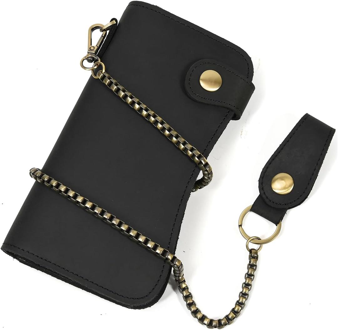 Genuine Leather Long Wallet for Men, Large Capacity Purse Clutch Bag Handbag Checkbook Cash Credit Cards Phone Holder (Chain wallet-Black)