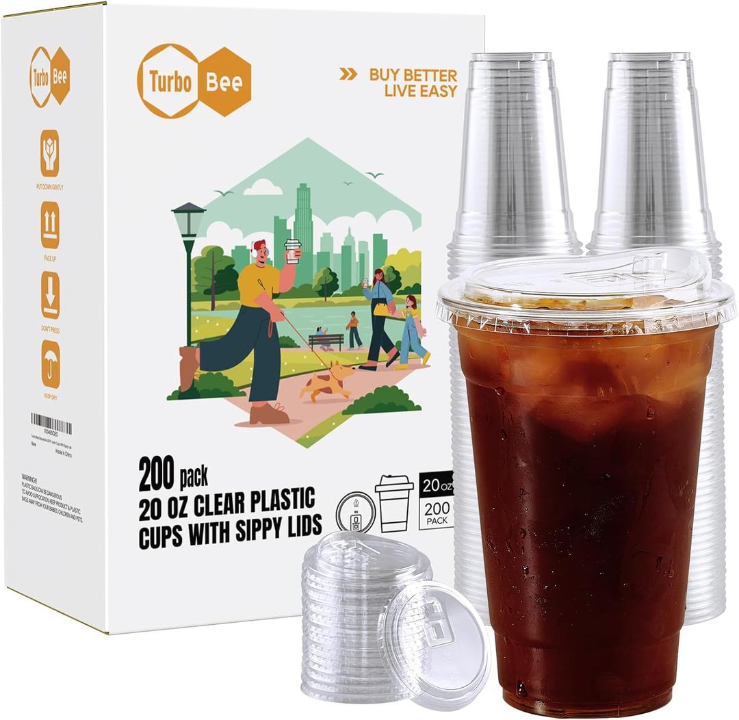 Turbo Bee 20 OZ 200 Sets Clear Plastic Cups with Strawless Sip Lids, To Go Crystal Clear Disposable Plastic Cups with Lids for Iced Coffee, Smoothies, Soda, Lemonade, Cold Beverage (20oz)