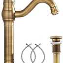 GGStudy 360° Swivel Antique Brass Bathroom Vessel Sink Faucet Single Handle One Hole Matching with Pop Up Drain