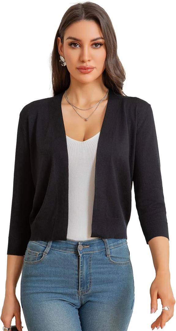 Women's Cropped Open Front Knit Cardigan V-Neck 3/4 Sleeve Lightweight Bolero Short Shrugs Sweaters Tops Black XL (Black, XL)