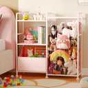 BBLIKE Stuffed Animal Storage - Stuffed Animal Net with Kids Bookshelf and Toy Organizer, 2-Tier White Bookshelf with Stuffed Animal Holder and Fabric Toy Chest for Kids Room, Playroom, Nursery, Pink