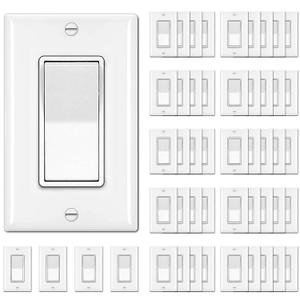 [50 Pack] BESTTEN Single Pole Decorator Wall Light Switch with Wall plate, 15A 120/277V, On/Off Rocker Paddle Interrupter, UL Listed, White