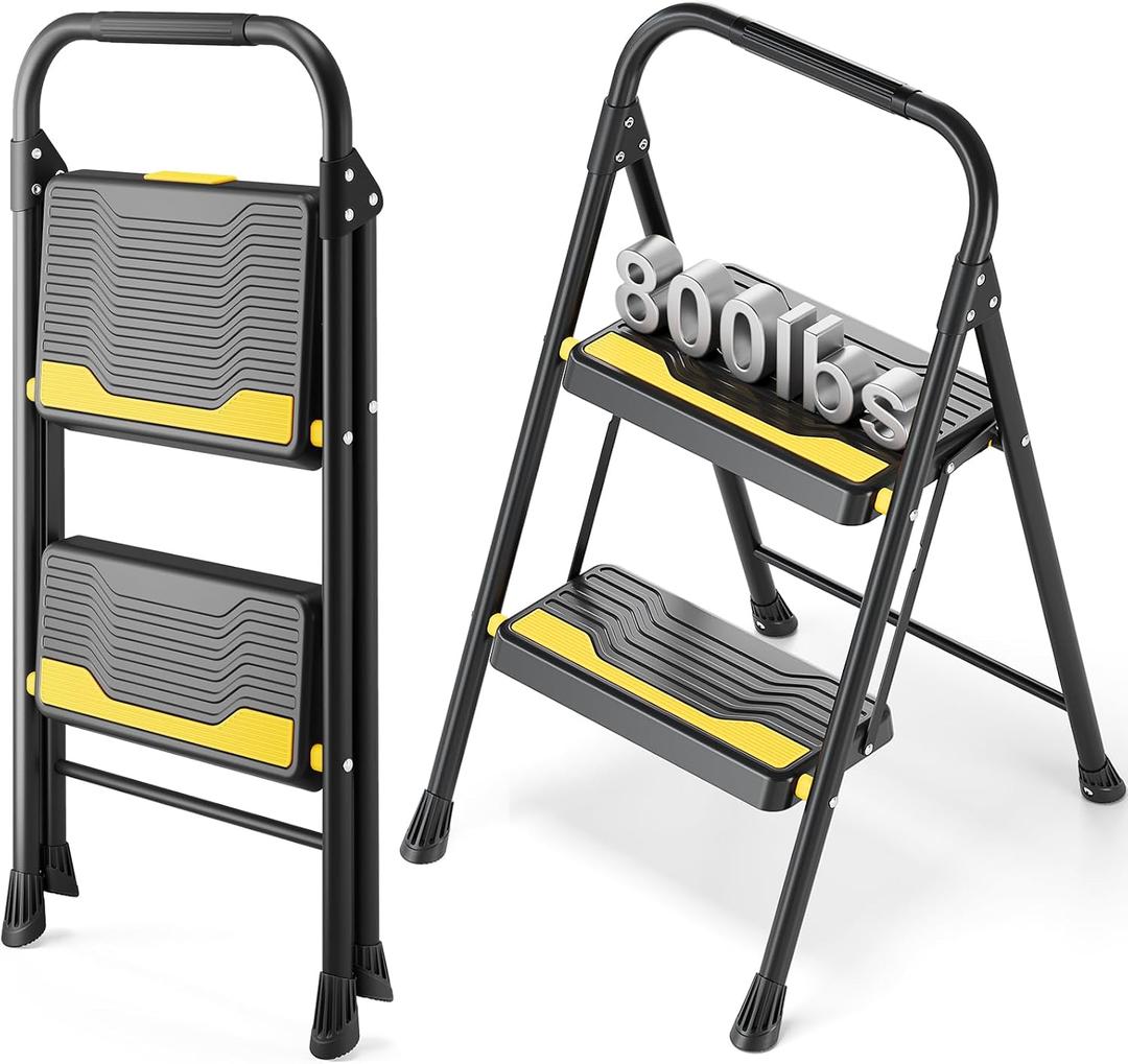 Urackify 2 Step Ladder, Heavy-Duty Pass 800lb Capacity Test, Wide Anti-Slip Steps & Secure Handrail Compact, Folding Step Stool Portable Design for Home, Kitchen, Office, Pantry, Closet Use, Black