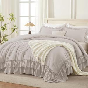 Andency Linen Grey Super King Plus Size Comforter Set (128x120Inch), 3 Pieces Fluffy Farmhouse Shabby Chic Ruffle Bedding Sets, All Season Soft Lightweight Bed Set