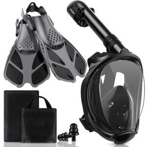 Mask Fins Snorkeling Gear for Adults, Full Face Snorkel Mask & Adjustable Swim Fins Snorkel Set, Panoramic View Snorkel Mask Dry Top Anti-Fog Anti-Leak (Black)