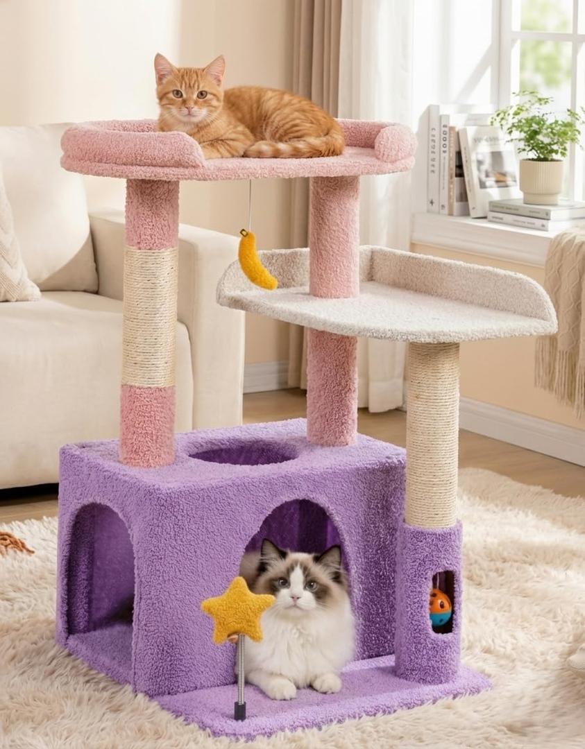 31" Cute Cat Tower for Indoor Kittens with Cat Condo, Plush Platform, Hammock, Sisal Scratching Posts, Dangling Ball, Tall Cat Tree Tower with Self-Grooming Brush (Moonlit Violet)