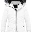 Pursky Girl's Fleece Winter Coat Youth Ski Jacket Bubble Down Puffer Coat With Faux Fur Trim Hood White 14-16
