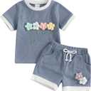 Afunbaby Toddler Baby Girl Clothes Waffle Knit Embroidered Short Sleeve Shirt Shorts Cute Boho Summer Outfit Clothing Set (Blue)