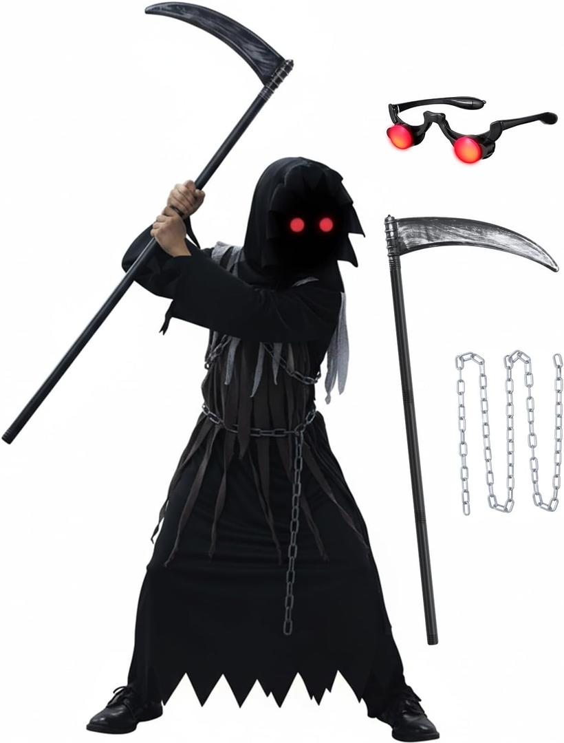 Kids Grim Reaper Halloween Costume with Glowing Eyes, Scythe & Chain – Scary Dress Up for Boys & Girls 8-10 Years