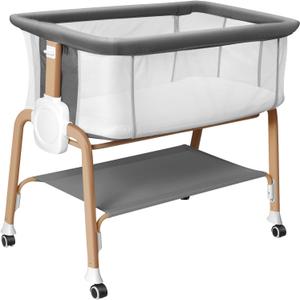 Bassinet Bedside Sleeper, Bedside Bassinet for Newborn, Baby Bassinet with 5 Adjustable Height, Rocking Bassinet with Wheels, Breathable Mesh & Mattress, Easy Folding Portable Bedside CribDark Gray), Twin