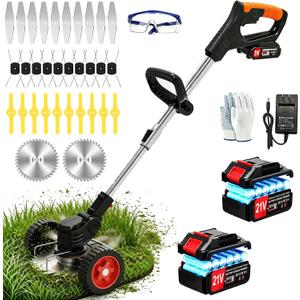 Cordless Electric Weed Wacker Eater, Stringless Trimmer Battery Powered 3 in 1 Lightweight Grass Trimmer/Brush Cutter/Edge, 4 Types Blade, No String Weed Trimmer with Wheels for Lawn Yard Garden