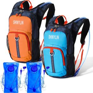 Shinylin 2 Pcs Kids Hydration Backpack with 1.5L Water Bladder Lightweight Kids Hiking Backpack Water Rucksack for Boys Girls Climbing Running (Blue, Orange)