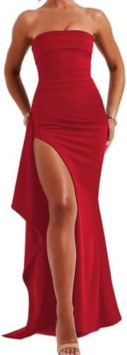 Women's Sexy Strapless Backless High Split Long Maxi Dress Ruched Off Shoulder Sleeveless Bodycon Party Cocktail Dresses S, Red