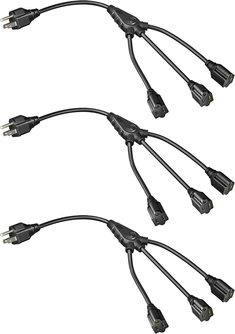 DEWENWILS Extension Cord Splitter 1 to 3, 18 Inch 16/3 Heavy Duty SJTW Wire, 3 Prong Outdoor Power Splitter for Halloween Decor Christmas Lights, ETL Listed, Black, Pack of 3