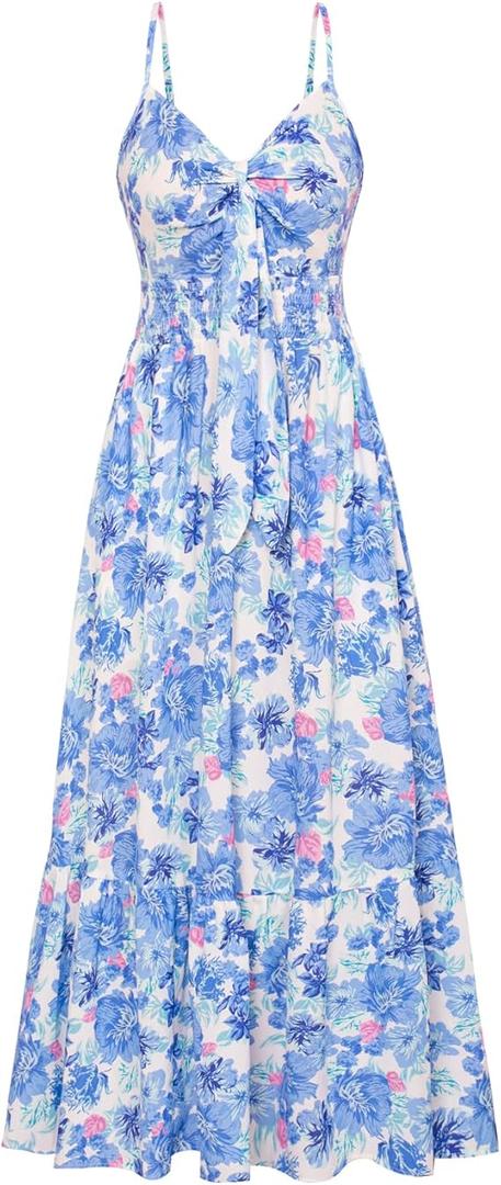 GRACE KARIN Women's 2025 Summer Maxi Dress Floral Tie Front Spaghetti Strap Casual Boho Beach Flowy Sundress with Pockets, L, Blue Floral