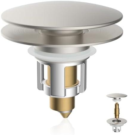 iFealClear Universal Bathroom Sink Stopper, Metal Pop Up Sink Drain Strainer with Hair Catcher Basket, Fit 1.1"-2.36" US Basin, Wash Basin Drain Plug, Big Cover Cap, Brass Bounce Core, Brushed Nickel