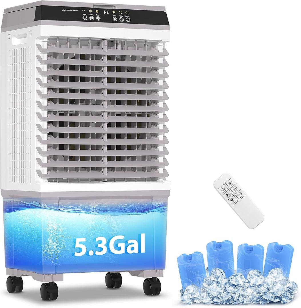 LifePlus Evaporative Air Cooler 1800 CFM Swamp Cooler Portable Cooling Fan with 5.3 Gallon Water Tank Remote Control, 3 Speed 3 Modes, 4 Ice Packs More Cooler, for Room Garage Patio
