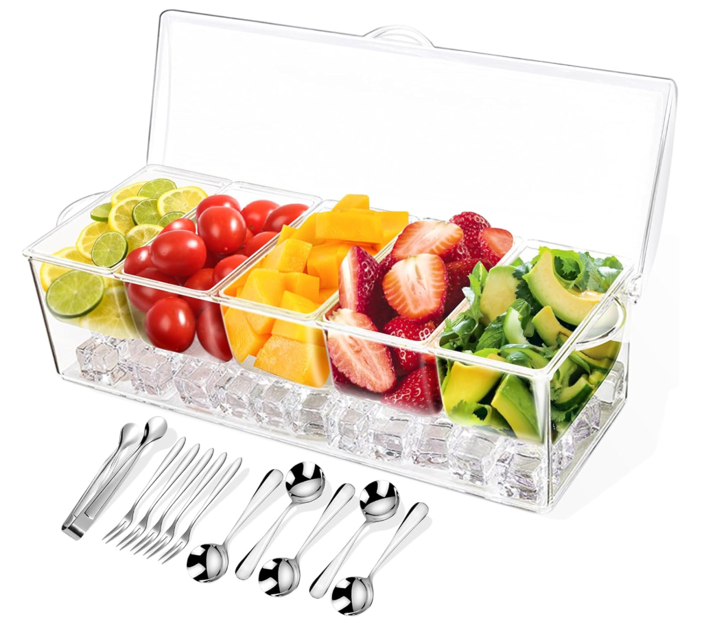 Condiment Tray with Stainless Steel 4 Spoons, 5 Forks and 1 Clip, Chilled Condiment Server, Condiment Server, Bar Garnish Holder on Ice, Bar Accessories Fruit and Salad with Removable Trays and Lid