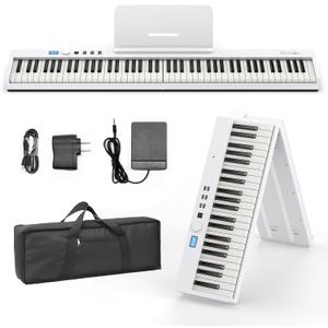 BESFAN 88 Key Keyboard Piano BSP-10F Portable Folding Piano with Semi-Weighted Keyboard, 128 Tones, USB MIDI, Sustain Pedal, Music Stand for Beginners Gifts, White
