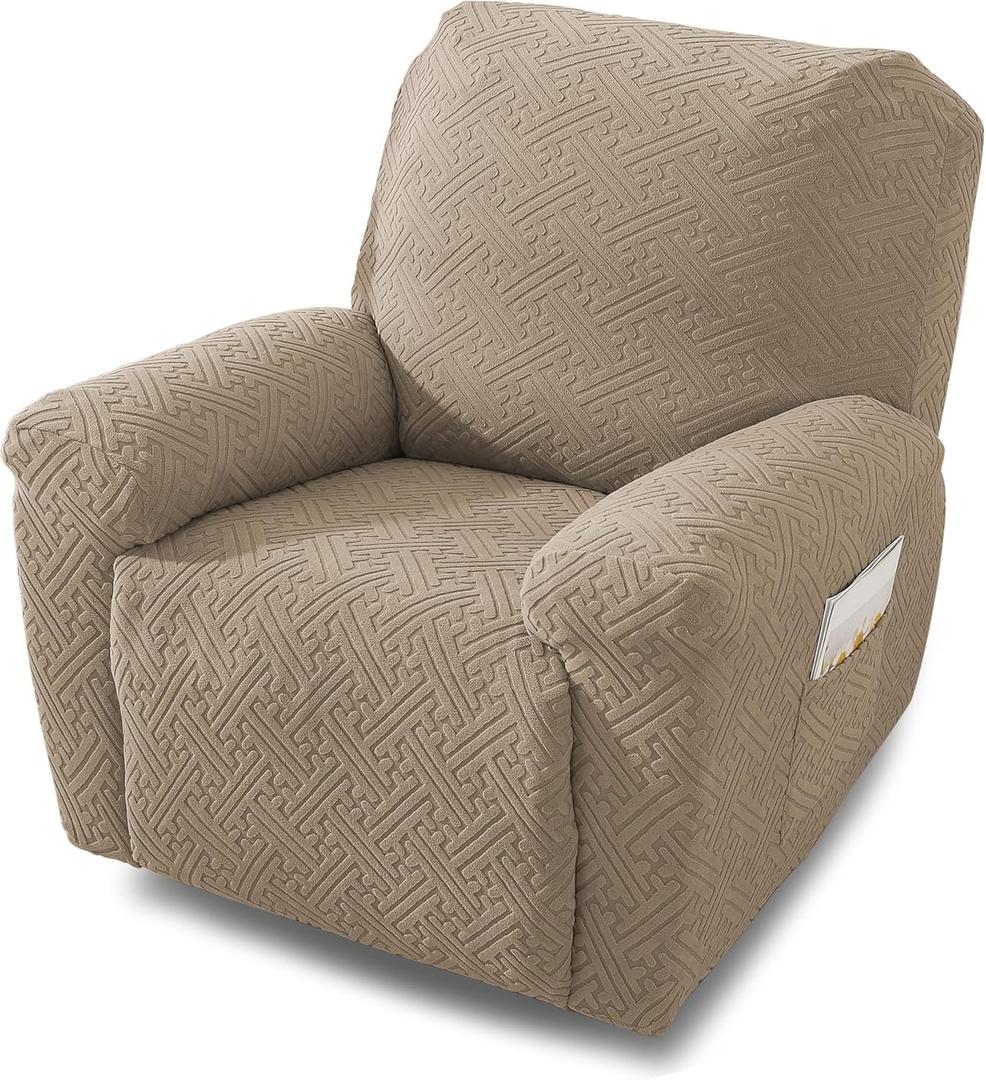 NORTHERN BROTHERS Recliner Chair Covers, Stretch Recliner Covers That Stay in Place 4 Pieces1 Seater with Storage Pockets Soft Recliner Slipcovers for Kids, Pet, Khaki