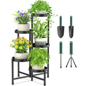 iDavosic.ly Plant Stand with Garden Tools, 5 Tier Corner Metal Flower Display Holder Shelf Indoor Outdoor, Easy Assembly Folding Tall Orchid Rack for Patio Balcony Porch Living Room House, Black iDavosic.ly Plant Stand with Garden Tools, 5 Tier Corner Metal Flower Display Holder Shelf Indoor Outdoor, Easy Assembly Folding Tall Orchid Rack for Patio Balcony Porch Living Room House, Black