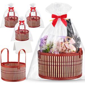 Weysat 3 Set Baskets for Gifts Empty Mother's Day DIY Bulk Large Woven Bamboo Gift Basket Kit with Handle Red Bow Wrap Bag to Fill for Wedding Birthdays Party Wrapping (Red)