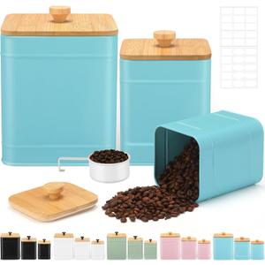 Tioncy Kitchen Canisters for Countertop Set of 3 Metal Canisters Sets with Bamboo Lids Spoon Airtight High Capacity Coffee Tea Sugar Flour Jars with DIY Labels Farmhouse Food Storage(Turquoise,L,M,S)